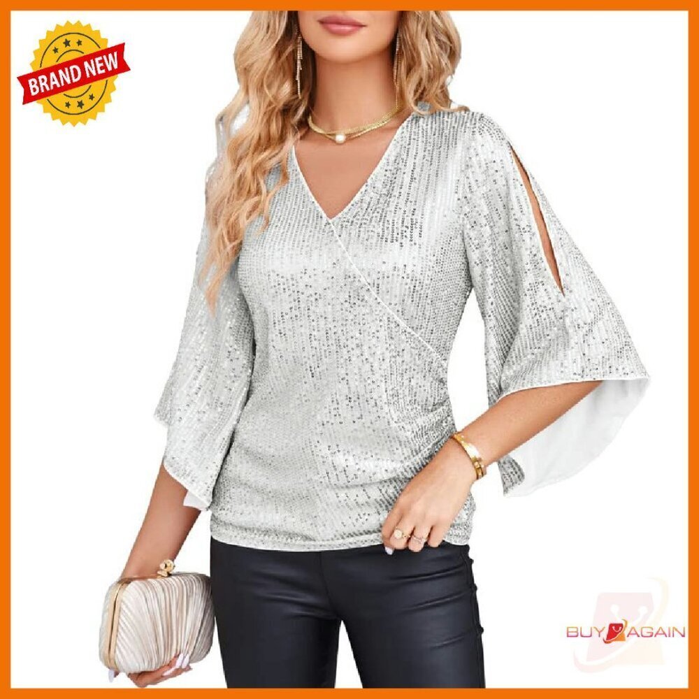 Sparkly Sequin Blouse 3/4 Sleeve V-Neck Party Top Slim Fit